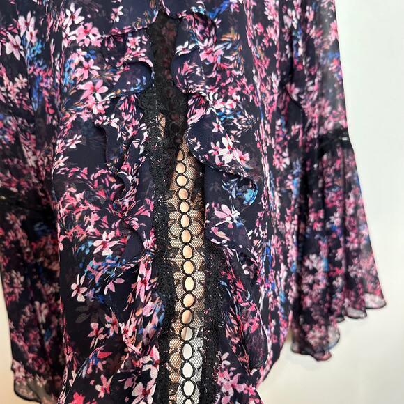 MISA Divya Floral Blouse Bell Sleeves Retro Lace Sheer Black Pink Purple XL - Picture 12 of 13